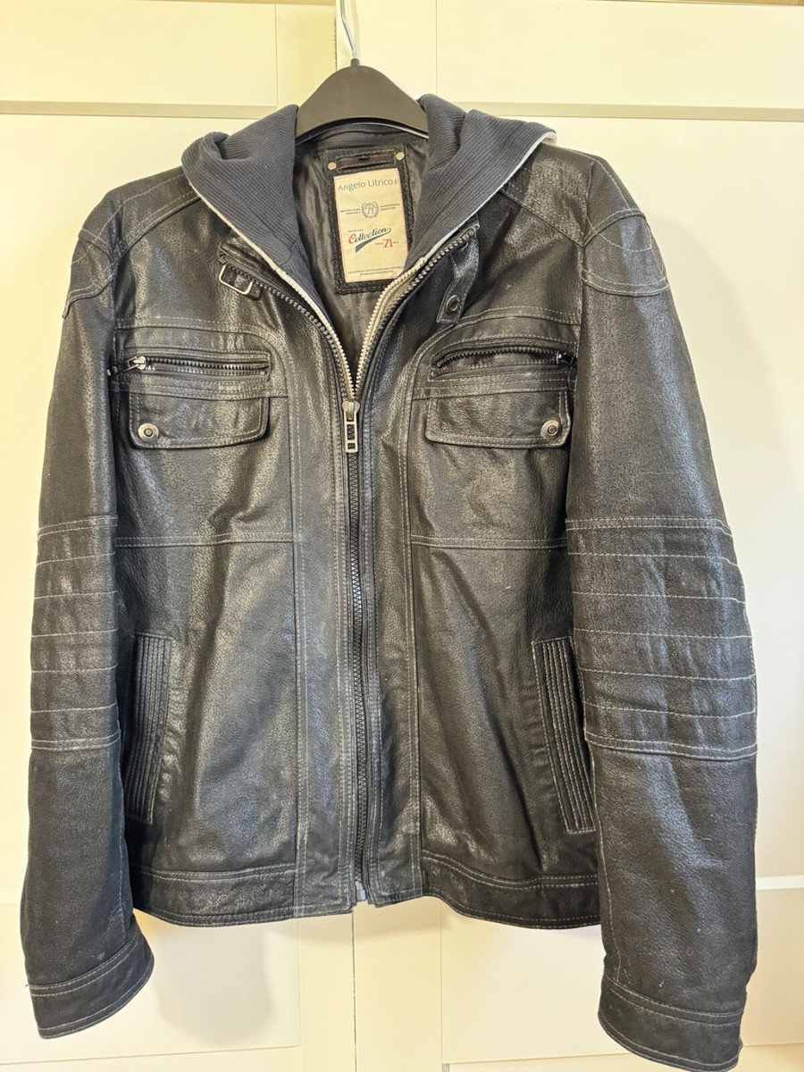 Angelo Litrico Leather Motorcycle Jacket Zip Off Hood Size L 48