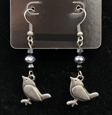 Handmade Metal Bird with Black & Silver Tone Crystal Bead Earrings by Neanie-Bot