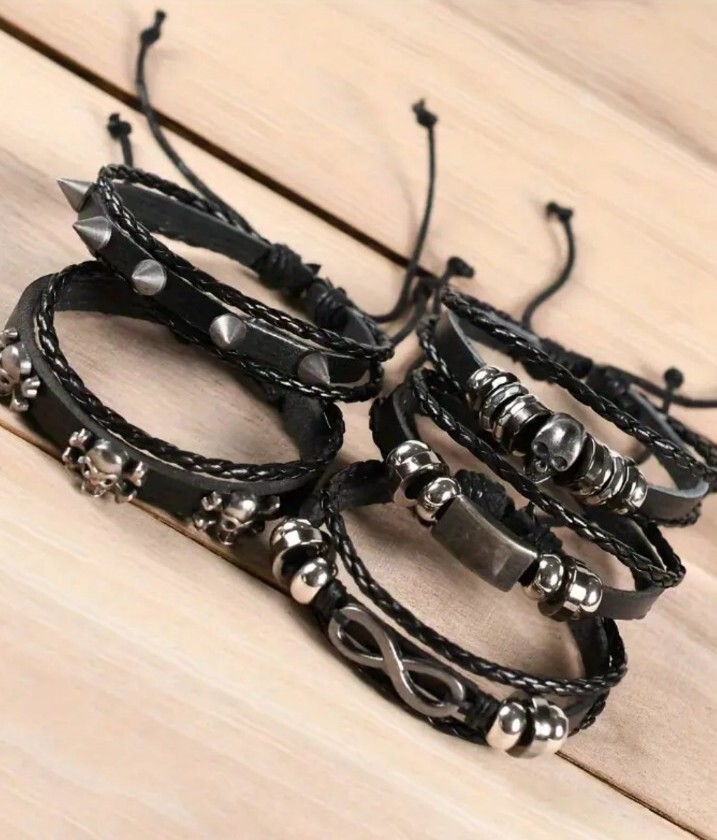 5 Pièces Bracelets Pointes Punk Rock Cuir Noir Gothique - Réglables Hommes Femmes Cosplay Party Festival