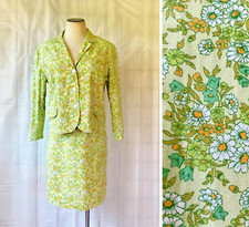 Vintage Skirt Suit and Matching Jacket 1960s 1970s Green White Floral M L