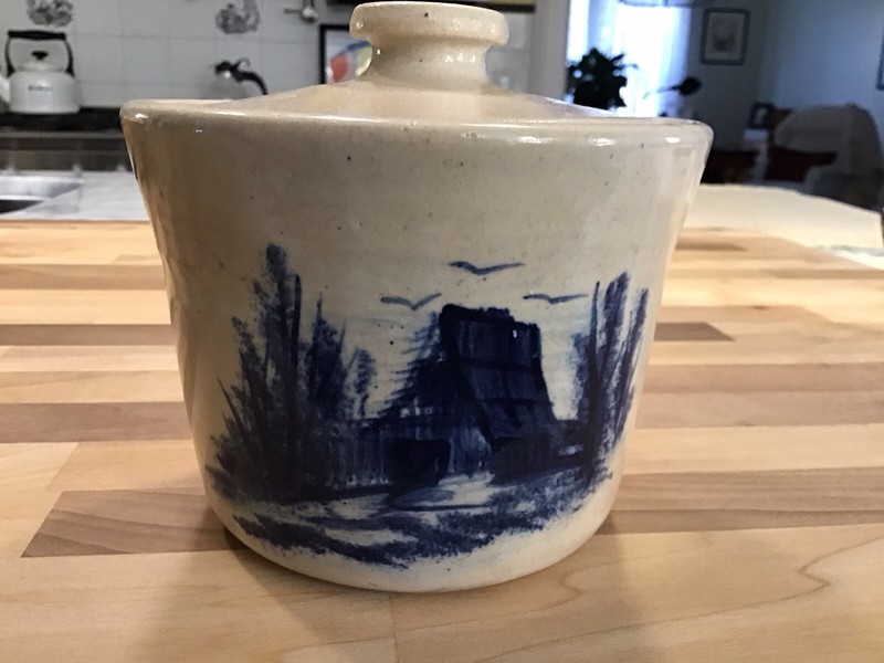 Vintage Cobalt Blue Stoneware Crock Barn Countryside Scene Paul Storie Pottery