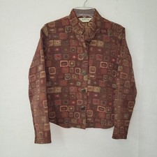 Orvis Tapestry Jacket Women Medium Rust Brown Geometric Chenille Mandarin 89TT