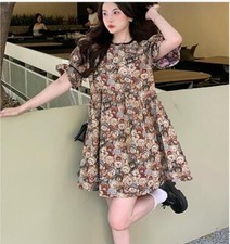 Summer French retro cute bear fashion short skirt high waist puff sleeve dress 