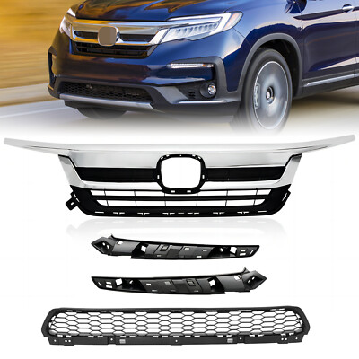 For 2019-2022 Honda Pilot Chrome Front Bumper Upper Lower Grille Molding Trim