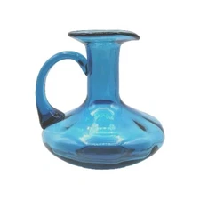 Rainbow Art Glass Aqua Blue Optic Ribbed Hand Blown Vintage Pitcher 6" Jug