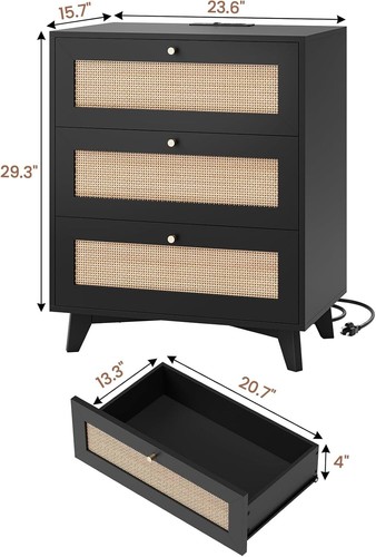 Black Rattan Nightstand & Charging Station, Natural Rattan NightStand & Drawers - Picture 3 of 8