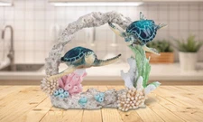 9"W Blue Sea Turtle Couple Swimming Around Coral Figurine Home Decor Unique Gift