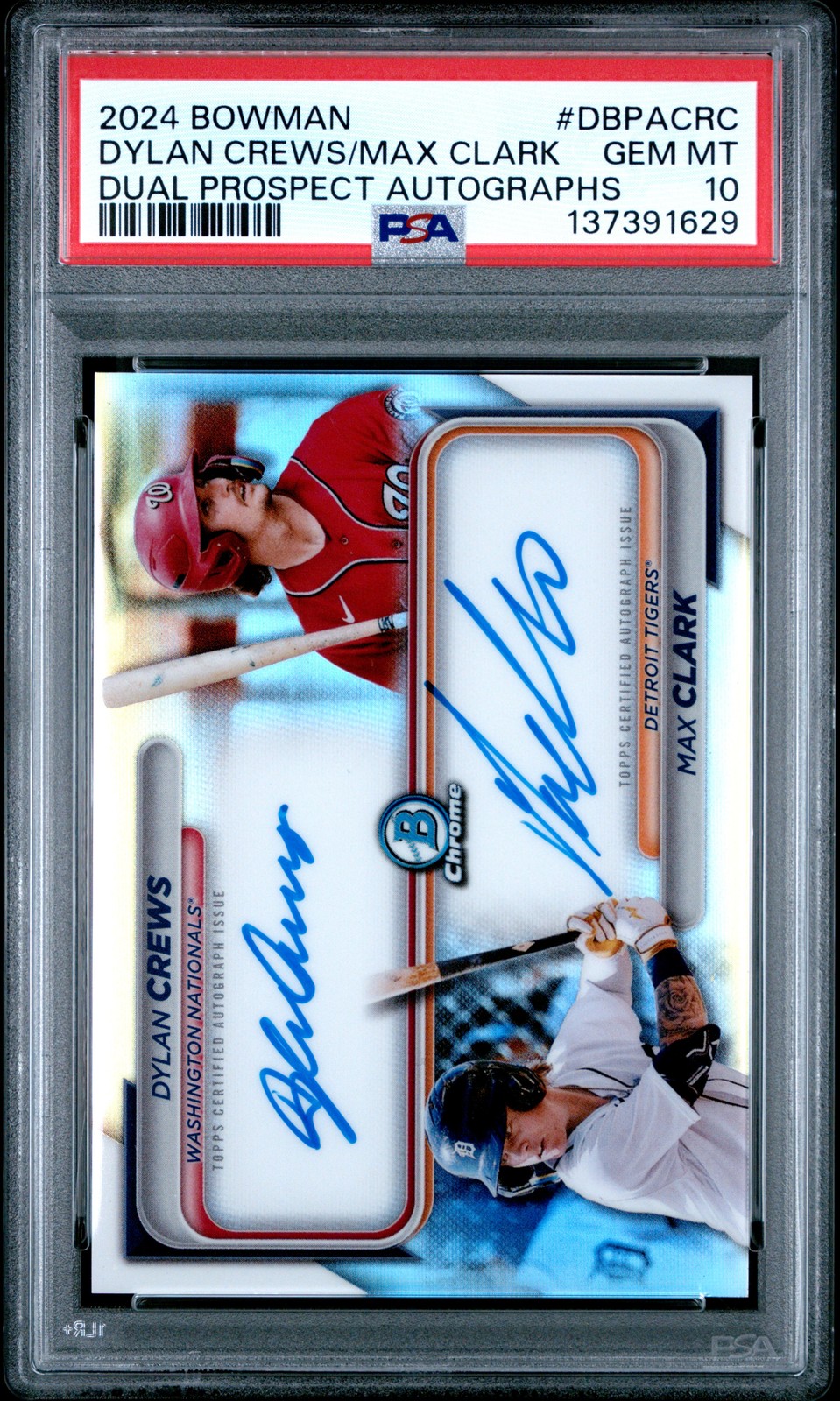 Max Clark / Dylan Crews #DBPA-CRC Baseball Cards 2024 Bowman Dual Prospect Autograph trading card — raw and PSA graded price guide