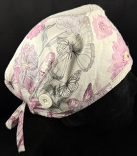 Surgical Scrub Cap - Reversable w/Mask Holders - Butterfly/Gray Design -One Size