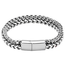 Double Row Titanium Steel Bracelet, Cuban Chain Design, Silver, 19-22CM, Gift Bo