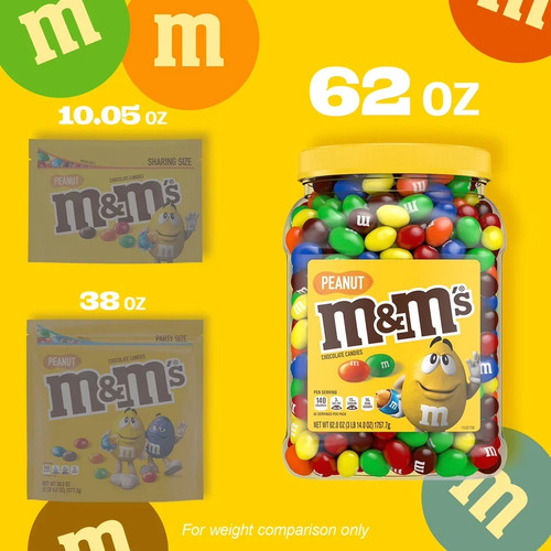 M&M'S Peanut Milk Chocolate Candy Bulk Jar 62 oz FREE SHIPPING - Afbeelding 4 van 8