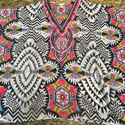 Lucky & Coco Geometric Tribal Print Beaded Kaftan Top Womens Small Multicolor