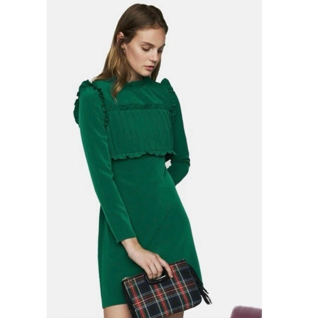 VETEMENTS Mini abito Maje verde jacqueline manica lunga volant finto collo plissettato linea A 2