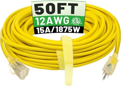 POWGRN 50ft 12/3 Outdoor Extension Cord Heavy Duty 12 Gauge Lighted End