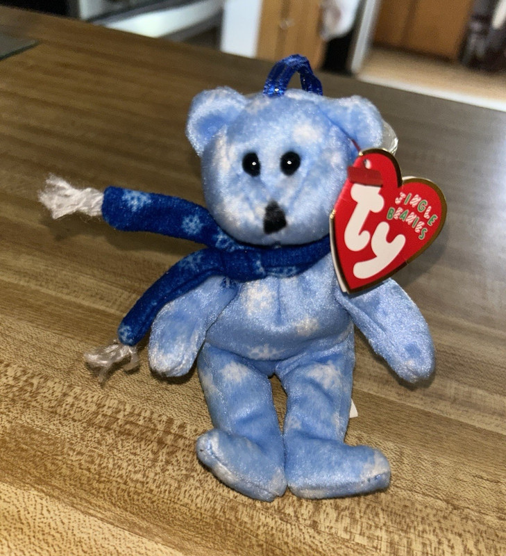 Ty Jingle Beanies Light Blue Bear Plush Blue Scarf Hanging Loop Heart Tag 2000