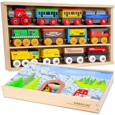 Educational 12 Train Cars Wooden Play Set with Tunnel Box - Compatible Toys