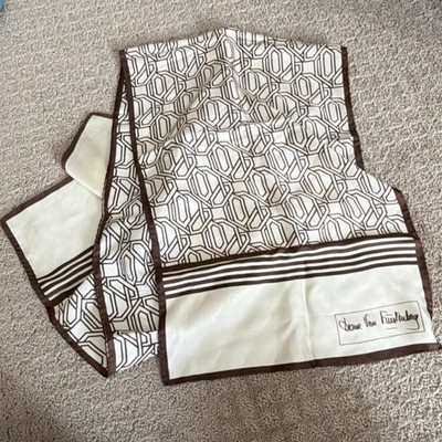 Diane Von Furstenberg Silk Satin Brown Cream Geometric Rectangle Scarf 52'' x 20''