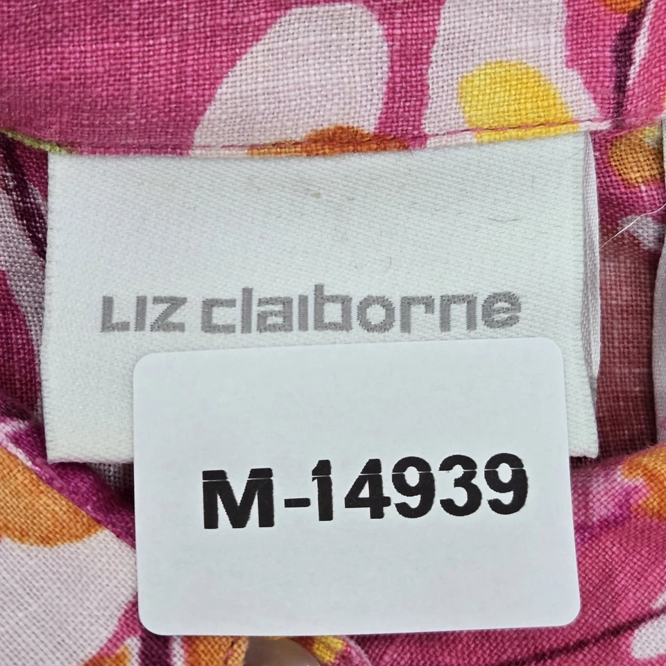 Liz Claiborne 女式纽扣衬衫 L 粉色亚麻花卉领 — 第 2/4 张图片