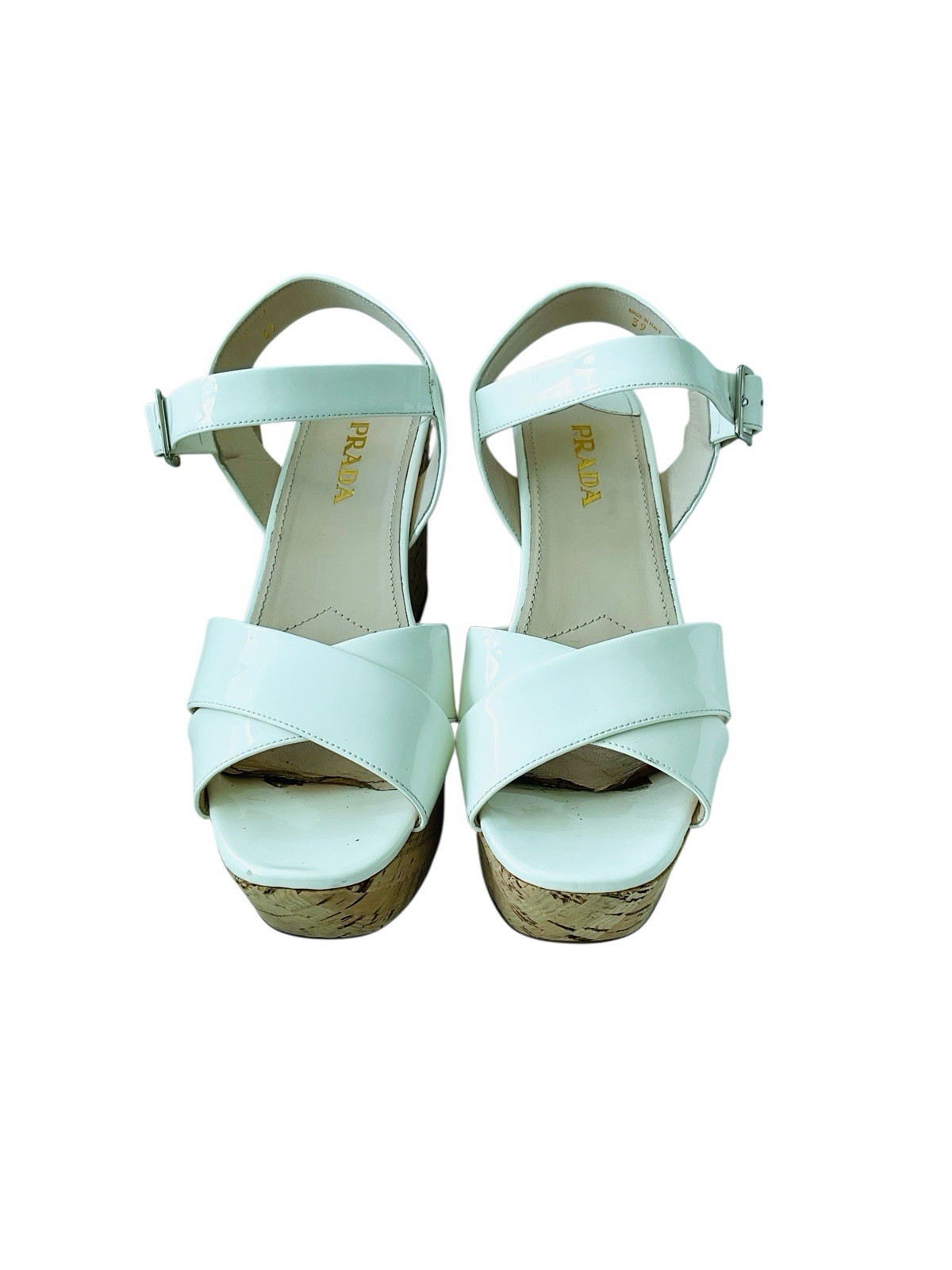 Prada White Patent Leather Cork Platform Wedge Sandals Criss Cross EU 39 thumbnail 4