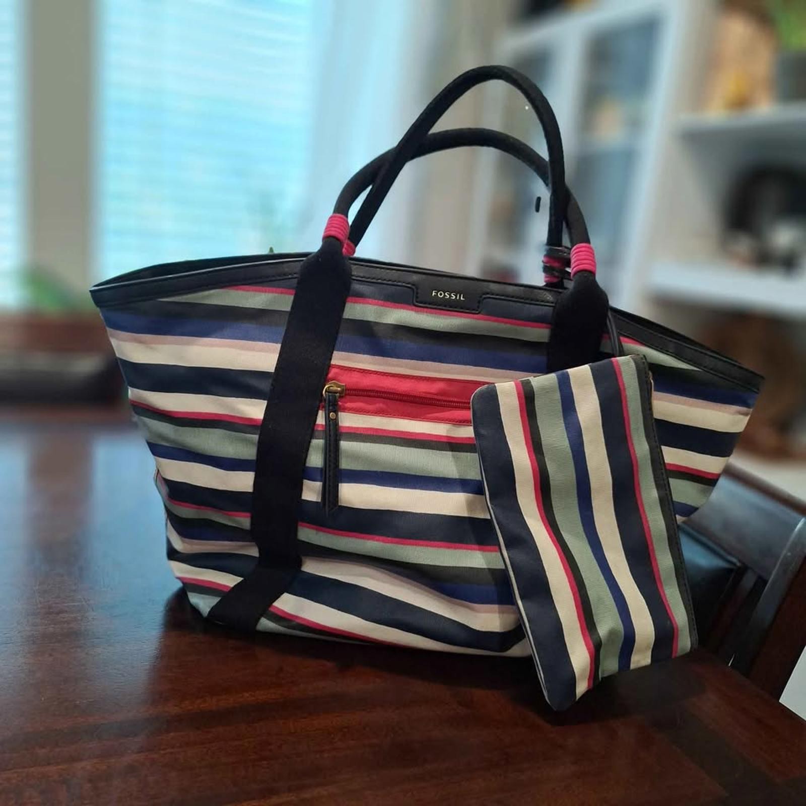 Fossil Eliza Beach Tote Blue Multi Stripe Bag 2pc Set w/ Wallet 19x13” 