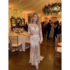 Wedding Bridal Gown White Dress XS/S Lace Floral Appliqu Sheer Long Sleeve