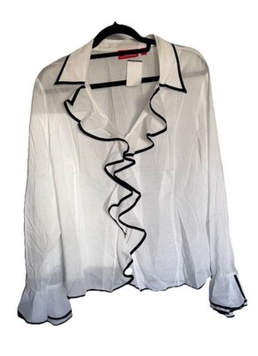 Oscar de la Renta White Ruffle Blouse Black Trim Cotton Size 16 NWT