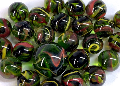 25 Marbles T-REX Green Glass Red/Yellow Swirl game pack vtg style Shooter
