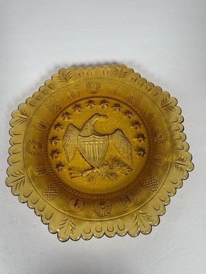 Vintage Amber Glass Eagle Plate Dish Scalloped Edge Early American 7.5''