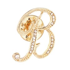 Rhinestone Letter Lapel Pins, Alphabet Brooch Pins, Gold Tone, Letter B