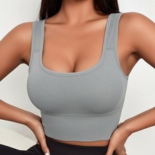 Women's Ribbed Seamless Yoga Tank Top Built-in Bra U-neck Sports Bra Workout