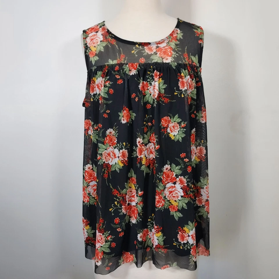 Camisa Top Floral Romántica Boobie Brooks Superposición de Malla Transparente Elastizada Mujeres Plus 1X Foto 2 de 4