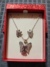 Angel Necklace and Earrings Silvertoned In Original Red Glitter Box