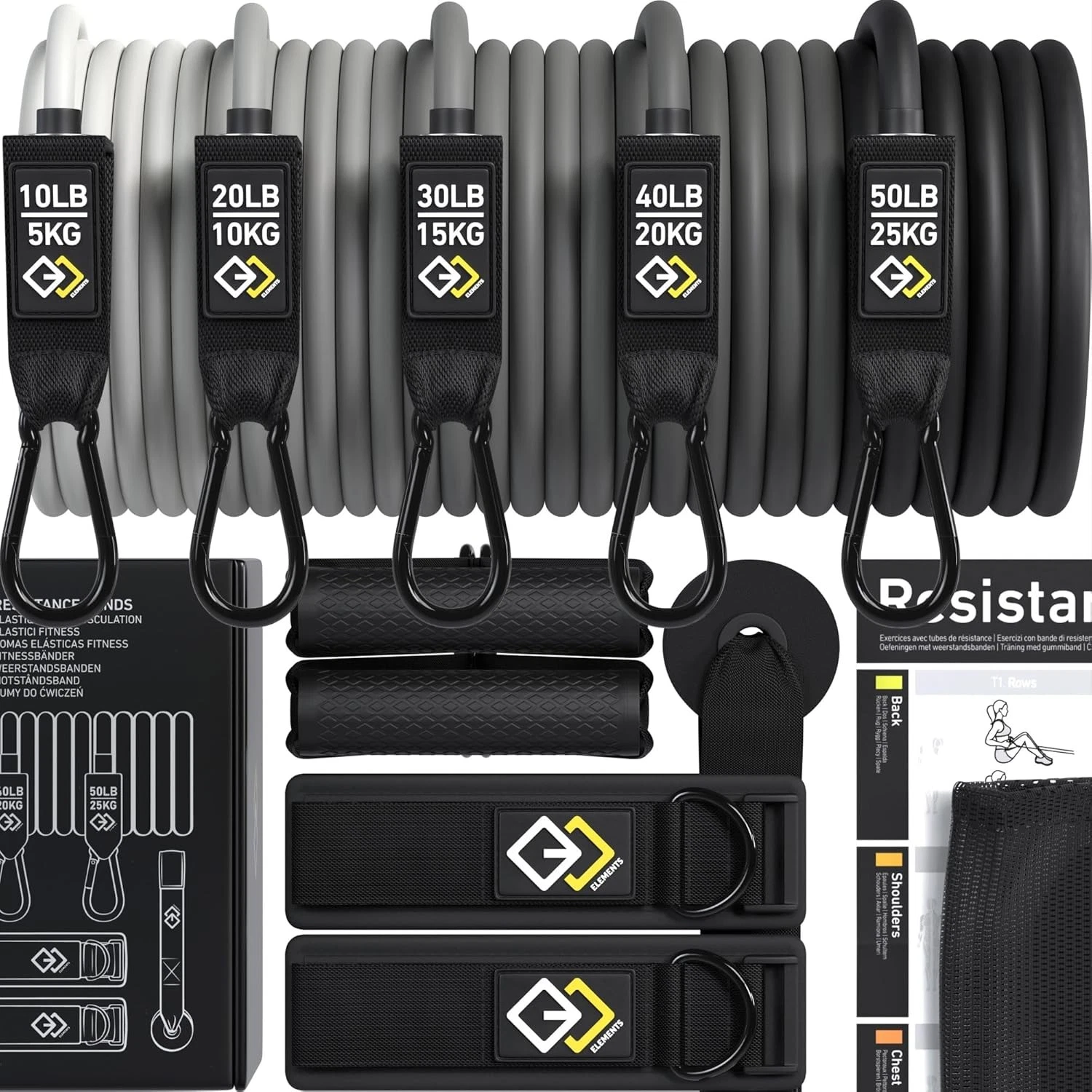 Resistance Bands Set - Premium Exercise (10, 20, 30, 40, 50 lbs)