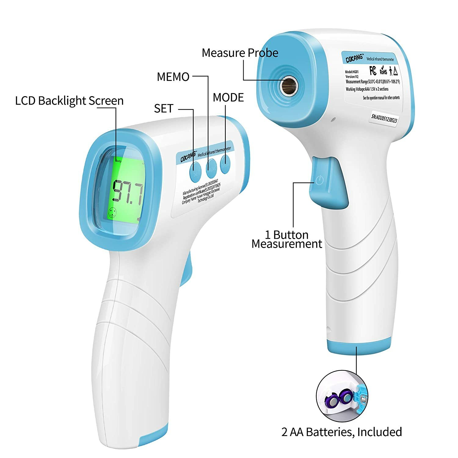Non-Contact Infrared Forehead Thermometer Reads °F and °C with Fever Alert Funct