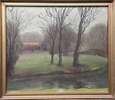 Dipinto A Olio Paesaggio Del Parco Firmato Ytting 1940 Danimarca 34 X 39,5 Cm