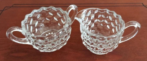 Fostoria American Hexagonal Cream and Sugar Bowl Set Excellent Condition
