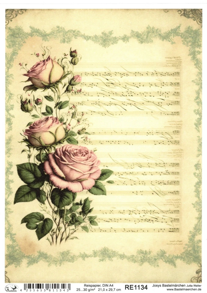 JOSYS BASTELMÄRCHEN Papel de arroz A4 seda de paja decoupage técnica de servicio notas rosas vintage RE1134