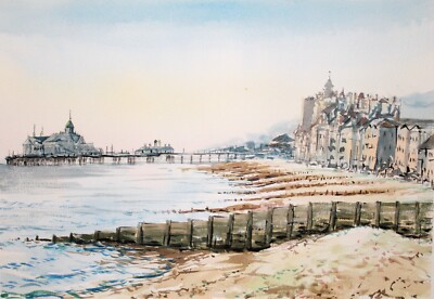 Eastbourne Meer Strand Küstenlandschaft Original Aquarell Gemälde A3
