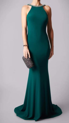 green emerald velvet dress Mascara MC119422 Tie Back Prom Dress|Fitted, Elegant Design