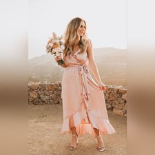 NWT Show Me Your Mumu Samantha Ruffle Wrap Dress Show Me The Ring Luxe Satin M