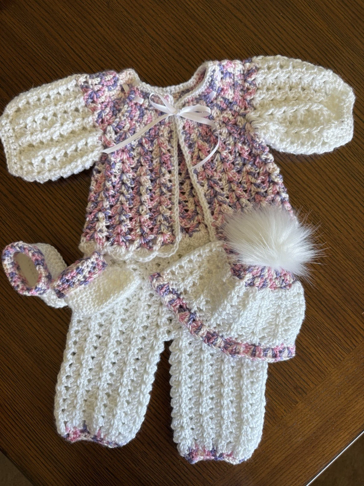 Preemie To Small New Born* Crocheted 4 Pc Sweater Set*Sweater*Pants*Hat*Booties