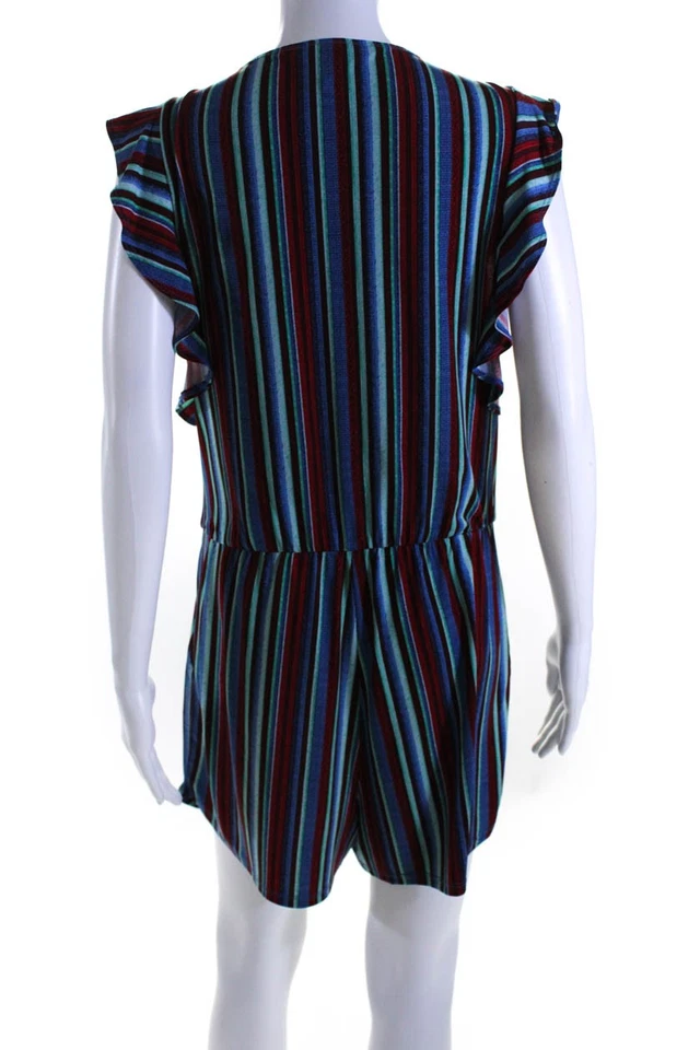 BCBGMAXAZRIA Womens Short Sleeve Ruffled V Neck Striped Romper Red Blue Small - Image 3 of 4