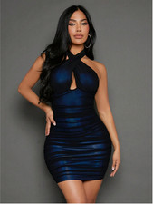 SXY Prom Dress Summer Crisscross Halter Neck Ruched Mesh Bodycon Dress SzXSS SML