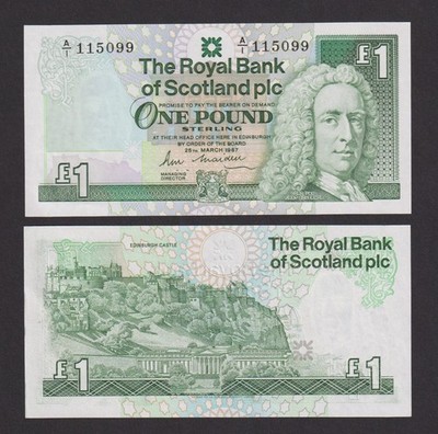 UNC Royal Bank of Scotland £1 One Pound 1987 A/1 First Prefix Large Size RBS