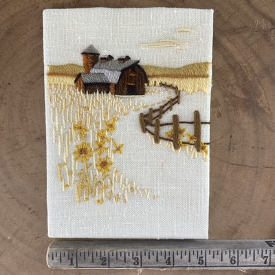 Embroidered Farm Scene 5x7 Unframed On Cardboard 1975 Vintage