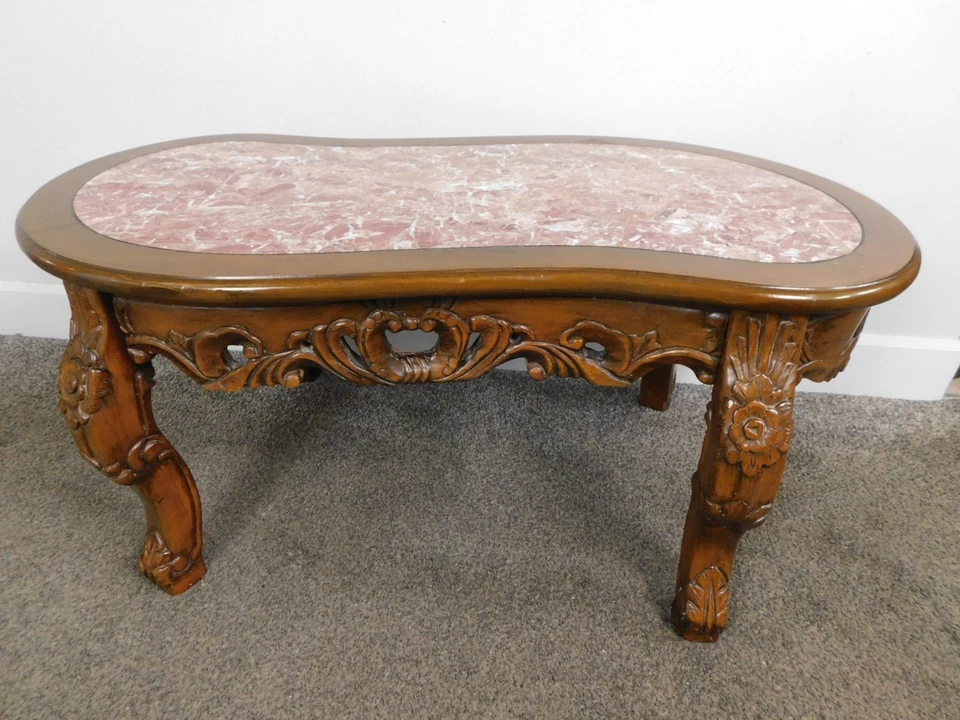 Antigua mesa de centro victoriana francesa 40" W riñón rosa mármol insertado superior - ¡ENVÍO! Foto 2 de 4