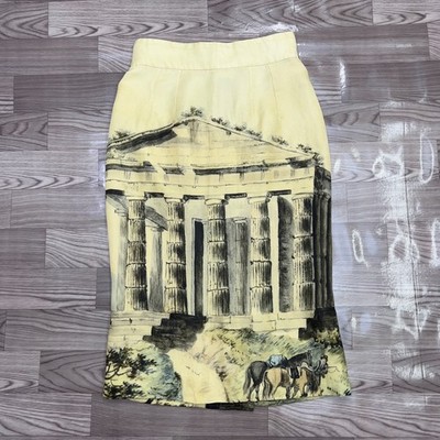 Dolce & Gabbana Cream Silk Greek Ruins Temple Column Pencil Skirt Size 42