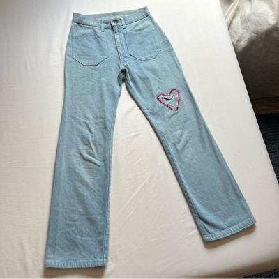 LYKKE WULLF light blue denim cutout heart beaded bootcut cropped jeans