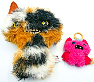 Fuggler Plush Toy Lot of 2 (Cheezee Calico Cat & Pink Bat Clip-On)