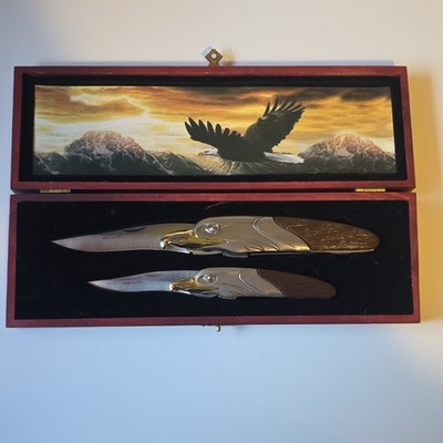 Eagle Head Design Stainless Steel Folding Pocketknife Set Metal Wood Handle